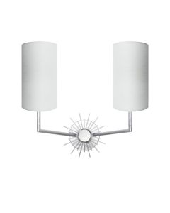 Brooke two arm starburst sconce with white linen shades and mirror detail in silver leaf