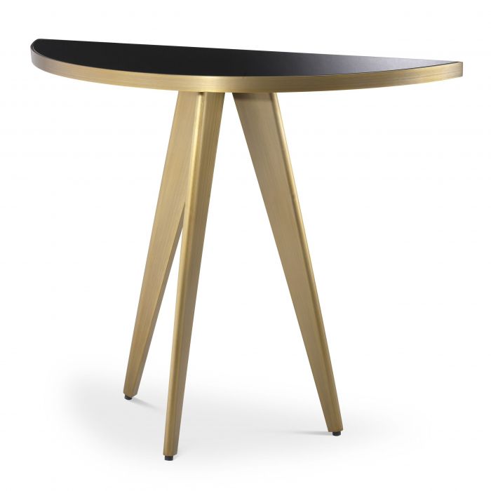 Aston Brushed Brass Black Glass, Glass Top Half Moon Console Table
